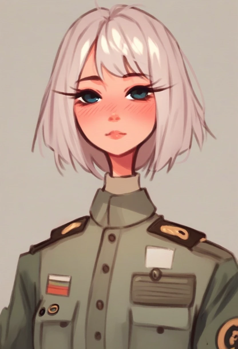 score_9, score_8_above, score_7_above, Sayer, 1 girl, Alone, portrait, cute blushing girl, Beautiful, fair , Wearing military suit, neckline , (0.3),