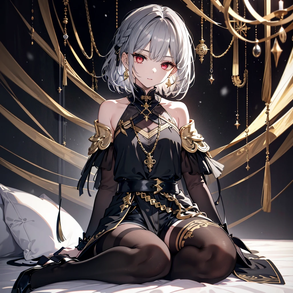 8k,High resolution RAW color art,Anime Art,Silver Marble Skin, (((Very detailed and cool))), Detailed skin, Bokeh、texture,(Exquisitely crafted, The finer details, Ultra-detailed art), (((1 girl))), Depth of written boundary, Silky Touch, Hyper Detail, (((Cool face))), eye shadow, Beautiful detailed red eyes, Beautiful lip detail, Highly detailed face, Delicate depiction of hair and eyes, Detailed Fashion, Golden Earrings,Full body depiction, Black half top、(((Shoulder Bare)))、Black shorts、Waist Cloak、black tights、Golden decoration, Grey Hair, Golden bracelet, Straight Hair、Short Hair、(((Hair)))、Simple Background、(((Black theme)))、snow、Side view、Girl sitting、look down、cloth、Clear face、bed、Alluring、Lust