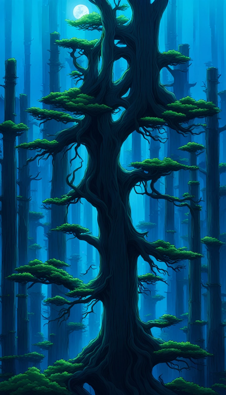 Luminescent Grand Tree, Colossal Mangrove Tree with Bioluminescent veins of light illuminating the alien jungle landscape, Grand Tree, Turquoise and Purple color scheme only, Turquoise and Purple colors only, Turquoise and Purple, Made in Abyss, Stormlight Archive, Studio Ghibli, Anime Key Visual, by Makoto Shinkai, Deep Color, Intricate, 8k resolution concept art, Natural Lighting, Beautiful Composition, Xianxia style