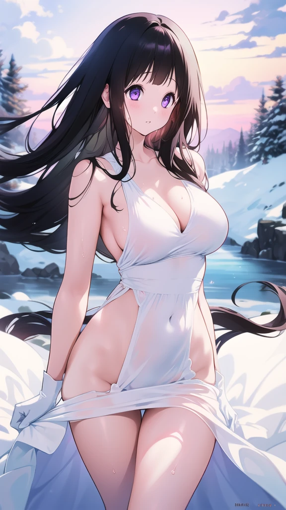 Amazing Chitanda, There is only one beautiful girl,Purple Eyes, Black Hair, Very red face,Very white skin,Glowing skin,Skin as delicate as porcelain,Naturally straight hair, Straight bangs,Extremely refined,Open lips,Long flowing hair,Beautiful Girl, Like a dream,Slim,Slim waist,Soft, (Sensual), (Kawaii), Dream quality,Beautiful big breasts,White transparent loose dress,Areola,Completely naked,Lower edge of breast,White gloves,Flower decoration,Deep V neckline,Loose neckline,Wide neckline,In school,The wind blows the hair,Place your hands on your inner thighs,Thighs clamp hands,Wet skin,Sweaty and sweaty,Sweating all over,On the snow,Back to,Hips,Side body,Gluteal groove,Completely naked的臀部,Bare back,Completely naked的背部,Light transmission,(no pants),nopan,pussy juice,Bare shoulders,There are no shoulder straps,Bare neck,Exposed collarbone,Exposing breasts,Exposing breasts侧面,Exposing breasts下面,Show your waist,Show your buttocks,Show your thighs,Exposing the groin,(No pants),extremely shy,Ultra-high resolution, (masterpiece:1.2, best quality), (Delicate and beautiful eyes: 1.2), (Beautiful and delicate face)