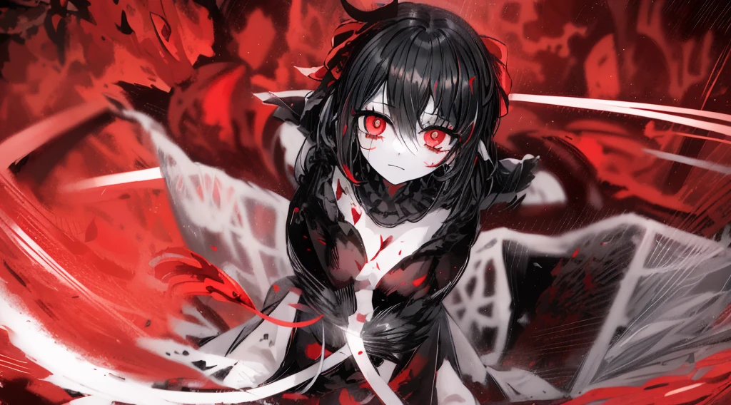1girl, black hair, (red eye) ,red rose, Red bow, black noble dress ,pale skin,
(high resolution, high detail, best quality), mysterious, elegant