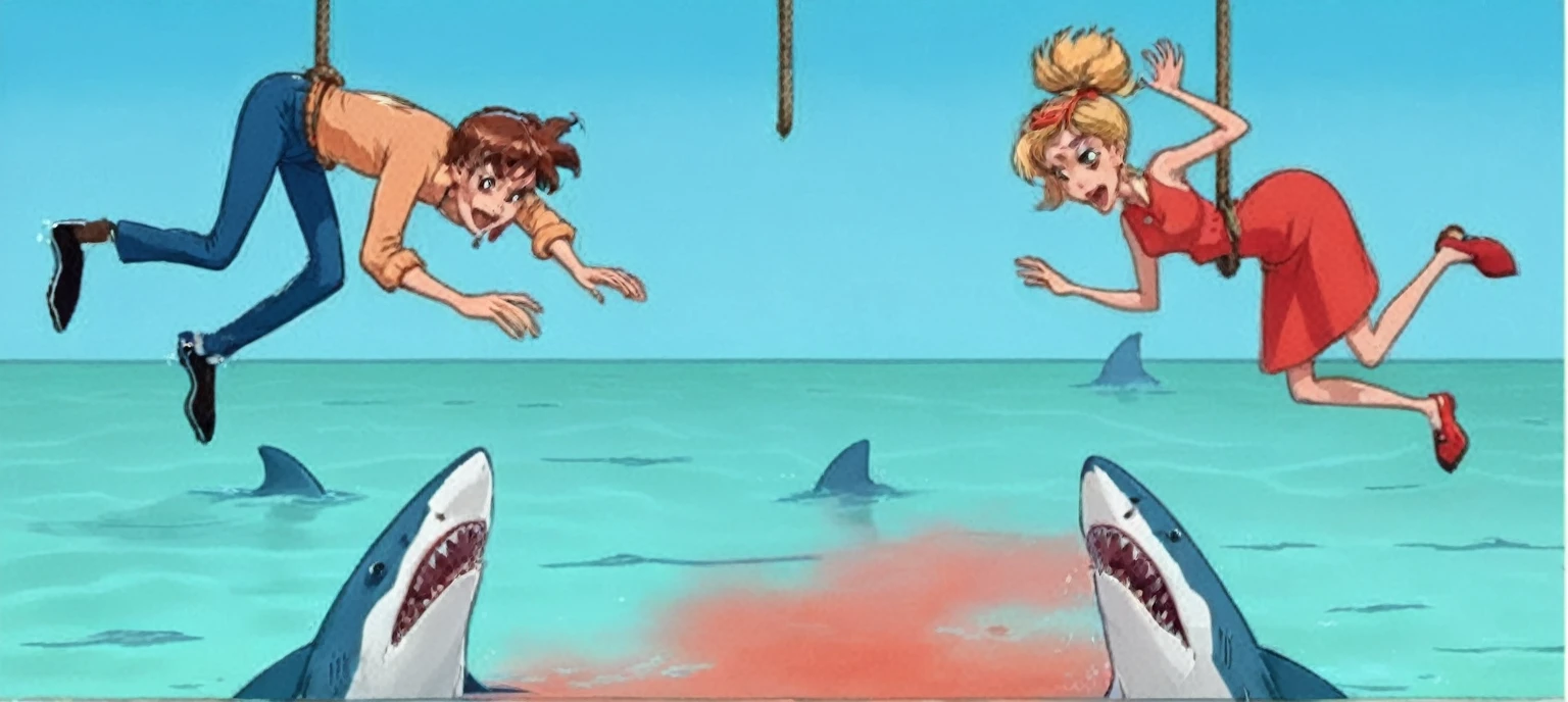 cartoon of two people in a pool with Sharks and a man on a rope, give jaws (1975), they are chasing a whale, animated episode yet, he is struggling, 比基尼. background of hell. bleed, Shark Antonio, Sharks, Rear shark fin, Which of Caríbdis, promotional artwork, Sharks surfacing from the lake