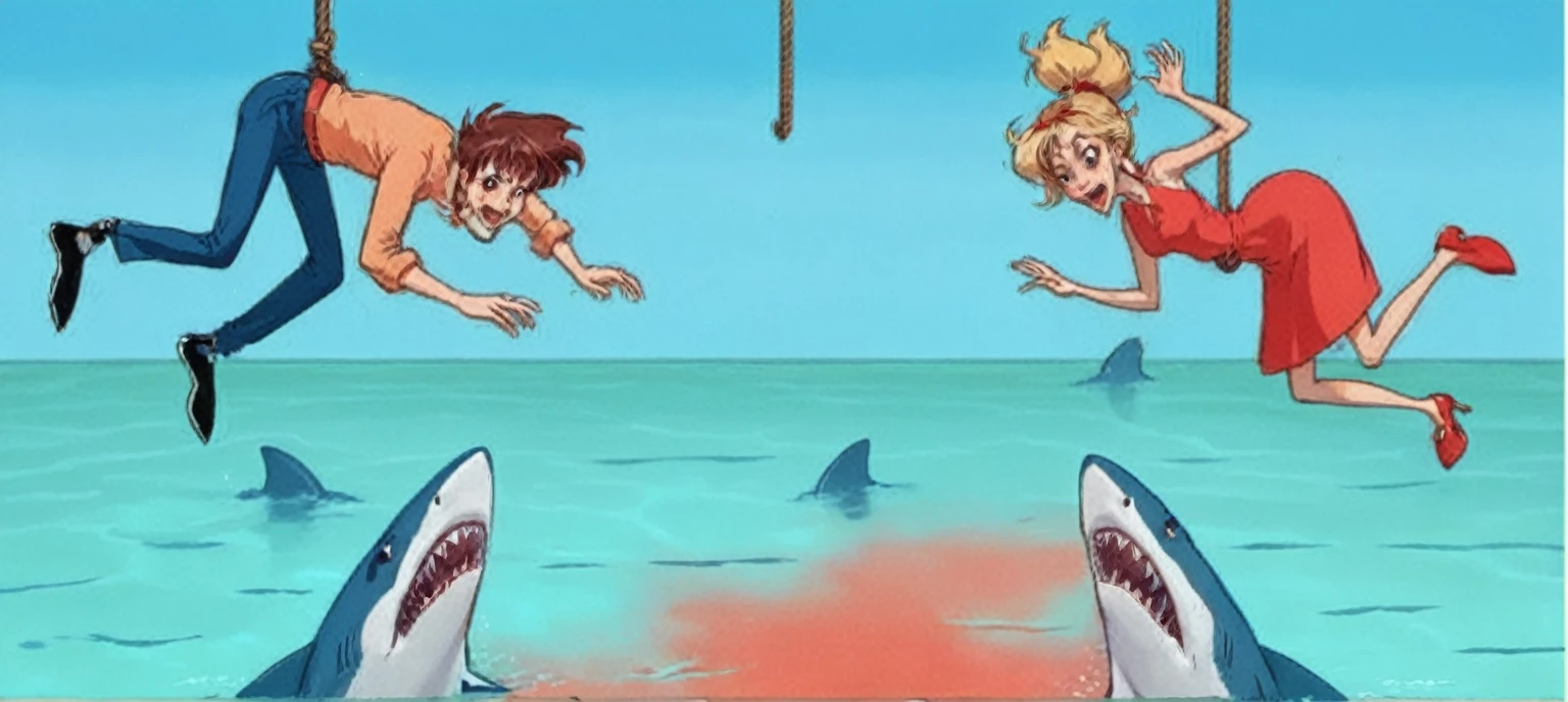 cartoon of two people in a pool with Sharks and a man on a rope, give jaws (1975), they are chasing a whale, animated episode yet, he is struggling, 比基尼. background of hell. bleed, Shark Antonio, Sharks, Rear shark fin, Which of Caríbdis, promotional artwork, Sharks surfacing from the lake