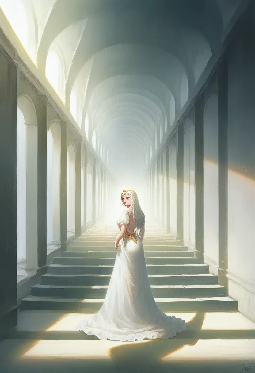 1girl, dungeon, big boob(realistic:1.1), tiara, long hair, hallway, dark, darkness, shade, shadow, tunnel, princess, white dress, looking back, stairs,
(pureerosface_v1:0.5),, masterpiece, best quality, highly detailed