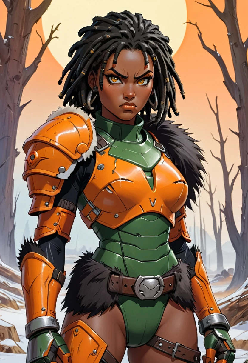  close up of African woman with (short black dreadlocks), short black hair pulled back, wearing a (heavy orange mechanical armor:1.3), chipped paint (orange power armor covering her chest and arms), (orange breast plate:1.1) with large (round orange shoulder pads:1.1), fur trim, dark green tight undersuit. (detailed eyes, detailed face), dark skin. (barbarian fur trim:1.3), (fur belt, fur boots). Badlands background with dead trees. super high quality, super high detail, masterpiece, 4k, 8k, HDR, masters of the universe. Frowning expression, serious expression, glaring at the camera, (teep fighting stance,martial arts)