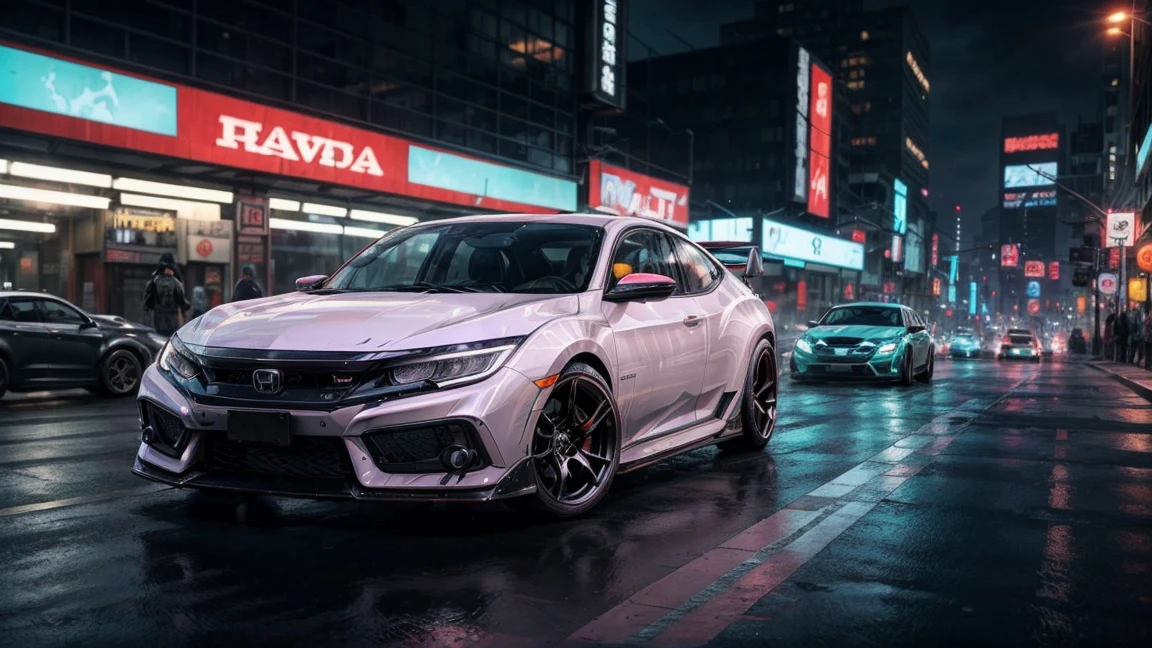 In the neon-soaked streets of a futuristic city, a heavily modified black honda civic supercar accelerates towards the viewer, Its low suspension and extended fenders give it a menacing appearance, predatory gaze. The car is armed with high-tech weapons, and its extra-wide tires grip the road with ferocious intensity. The driver is a skilled cyberpunk hacker, Fleeing authorities after a daring data theft. The car snakes through the busy city streets, neon lights passing by in a blur of colors. The scene is rendered in stunning detail, with the city&#39;s towering skyscrapers and complex infrastructure forming a breathtaking backdrop for the high-speed chase. The overall aesthetic is gritty, cyberpunk emotions, like a scene from a sci-fi action movie.