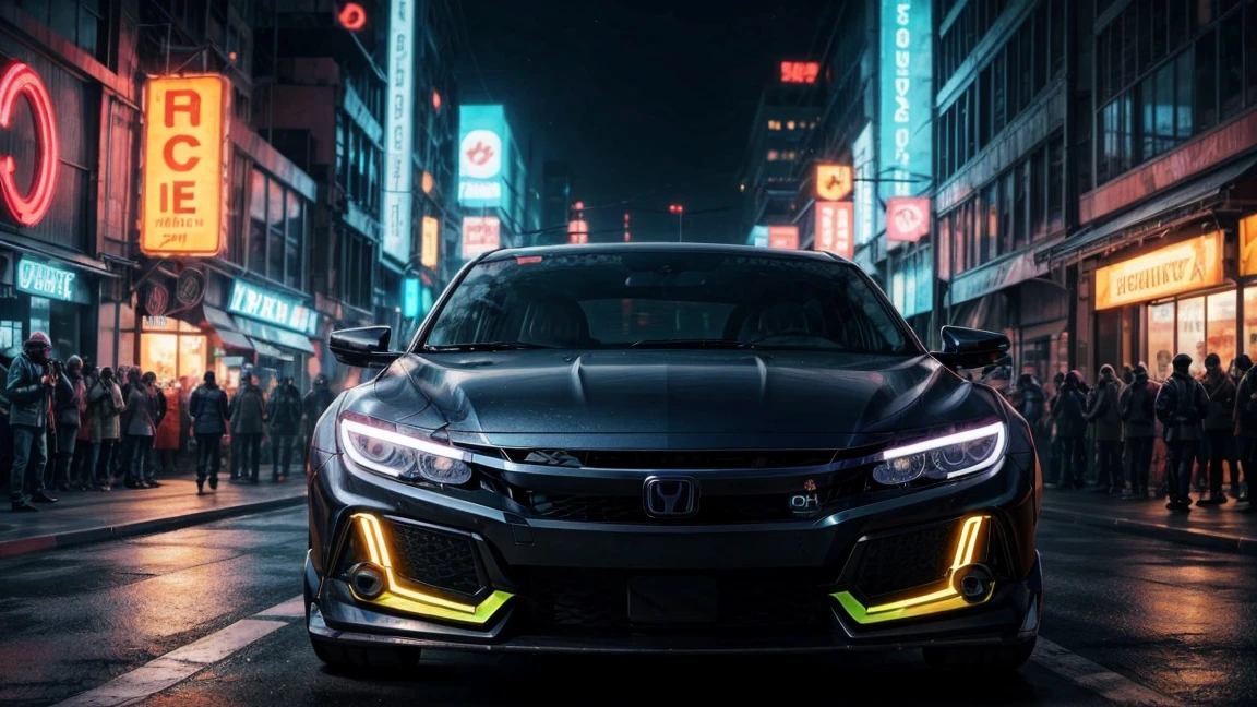In the neon-soaked streets of a futuristic city, a heavily modified black honda civic supercar accelerates towards the viewer, Its low suspension and extended fenders give it a menacing appearance, predatory gaze. The car is armed with high-tech weapons, and its extra-wide tires grip the road with ferocious intensity. The driver is a skilled cyberpunk hacker, Fleeing authorities after a daring data theft. The car snakes through the busy city streets, neon lights passing by in a blur of colors. The scene is rendered in stunning detail, with the city's towering skyscrapers and complex infrastructure forming a breathtaking backdrop for the high-speed chase. The overall aesthetic is gritty, cyberpunk emotions, like a scene from a sci-fi action movie.