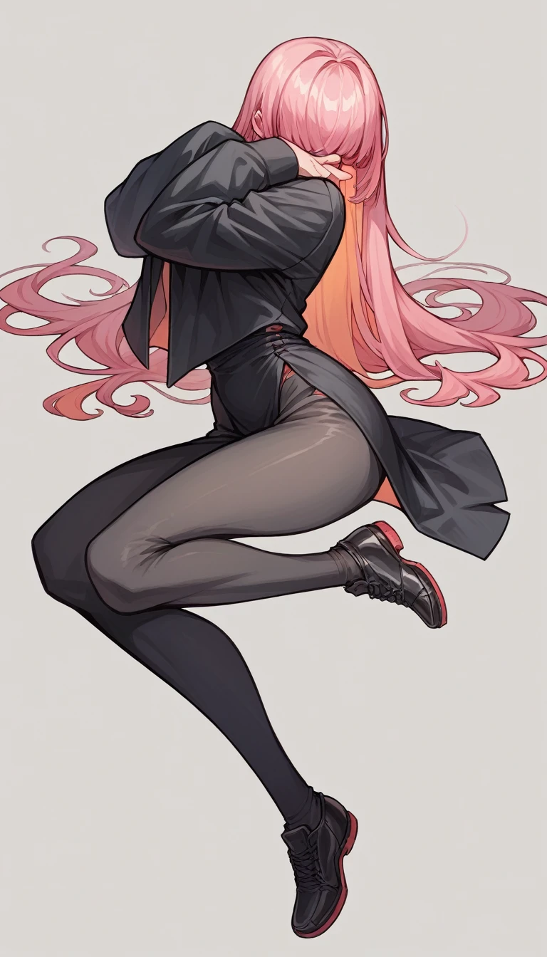 Elegg (NOD) hair with bangs covering the eyes, Very Very Very Big tits hot  wearing a black suit full body body with curve pink hair