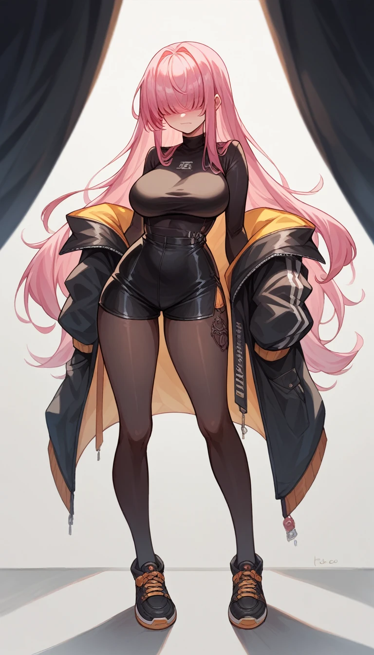 Elegg (NOD) hair with bangs covering the eyes, Very Very Very Big tits hot  wearing a black suit full body body with curve pink hair