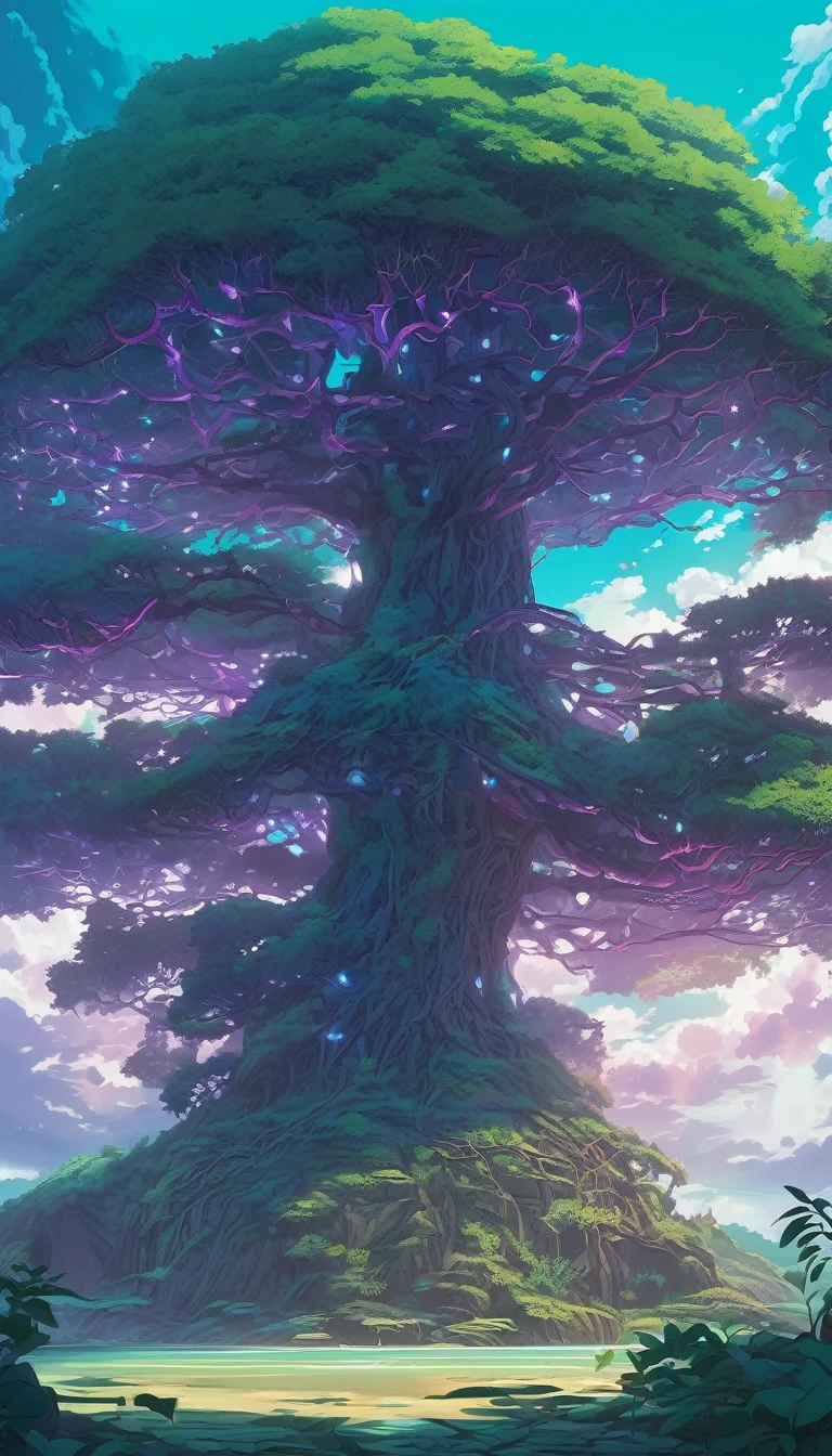 Luminescent Grand Tree, Colossal Mangrove Tree with Bioluminescent veins of light illuminating the alien jungle landscape, Grand Tree, Turquoise and Purple color scheme only, Turquoise and Purple colors only, Turquoise and Purple, Made in Abyss, Stormlight Archive, Studio Ghibli, Anime Key Visual, by Makoto Shinkai, Deep Color, Intricate, 8k resolution concept art, Natural Lighting, Beautiful Composition, Xianxia style