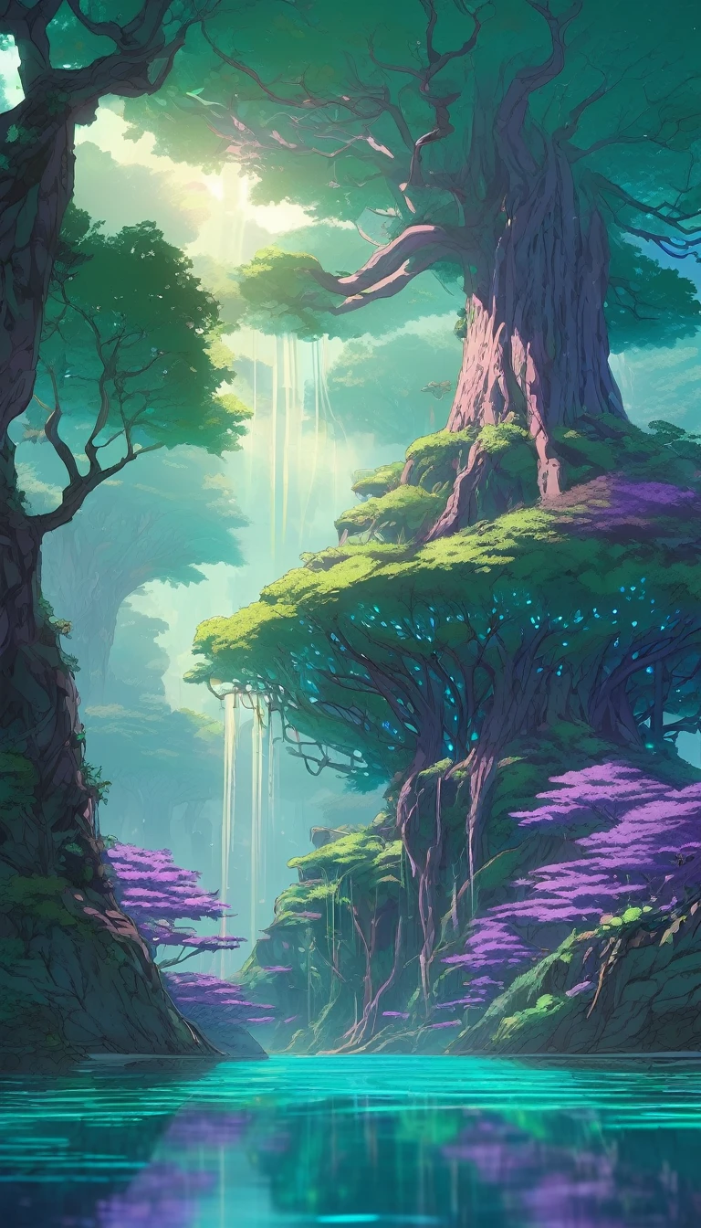 Luminescent Grand Tree, Colossal Mangrove Tree with Bioluminescent veins of light illuminating the alien jungle landscape, Grand Tree, Turquoise and Purple color scheme only, Turquoise and Purple colors only, Turquoise and Purple, Made in Abyss, Stormlight Archive, Studio Ghibli, Anime Key Visual, by Makoto Shinkai, Deep Color, Intricate, 8k resolution concept art, Natural Lighting, Beautiful Composition, Xianxia style