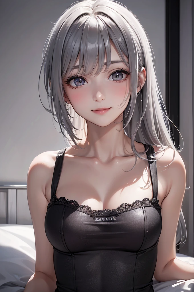 Best Quality,High resolution,8k,finelity detailed background,Masterpiece:1.2),beautiful girl,Glossy romance gray hair,crossed bangs,Gray Eyes,Gentle look,A refreshing look,smile,Best quality,Best Quality,Aesthetic and aesthetic:1.2,Best details((Super detailed))(High-definition CG illustrations),Upper Body,Dark grey underwear, (dark gray),Slender body,night,moon,Bedroom,On the bed,smile,blush,cute,Scrounge,Looking up,Being spoiled,super model,wariza,shoot from,below