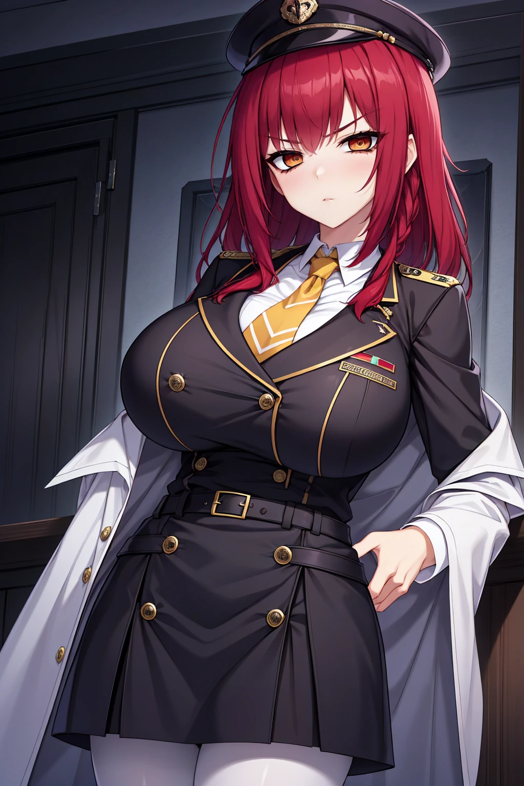 braided hair、braided hair,red-eyes,black-hair,bainded-hair,Braided Hair、long-hair,yellow-eyes,big-breast army-suit, white-armysuit-suit,black-pantyhose,mini-skirt,23 years old,older sister、Ultra-high resolution、Ultra HD,Braided Hair、red-tie,standing,milf,wife,,dark-makeup,、huge-breast,red-hair,red-hair,uniform、uniform、red-hair,military,yellow-eyes,military-cap,male,male-women,belt,angry