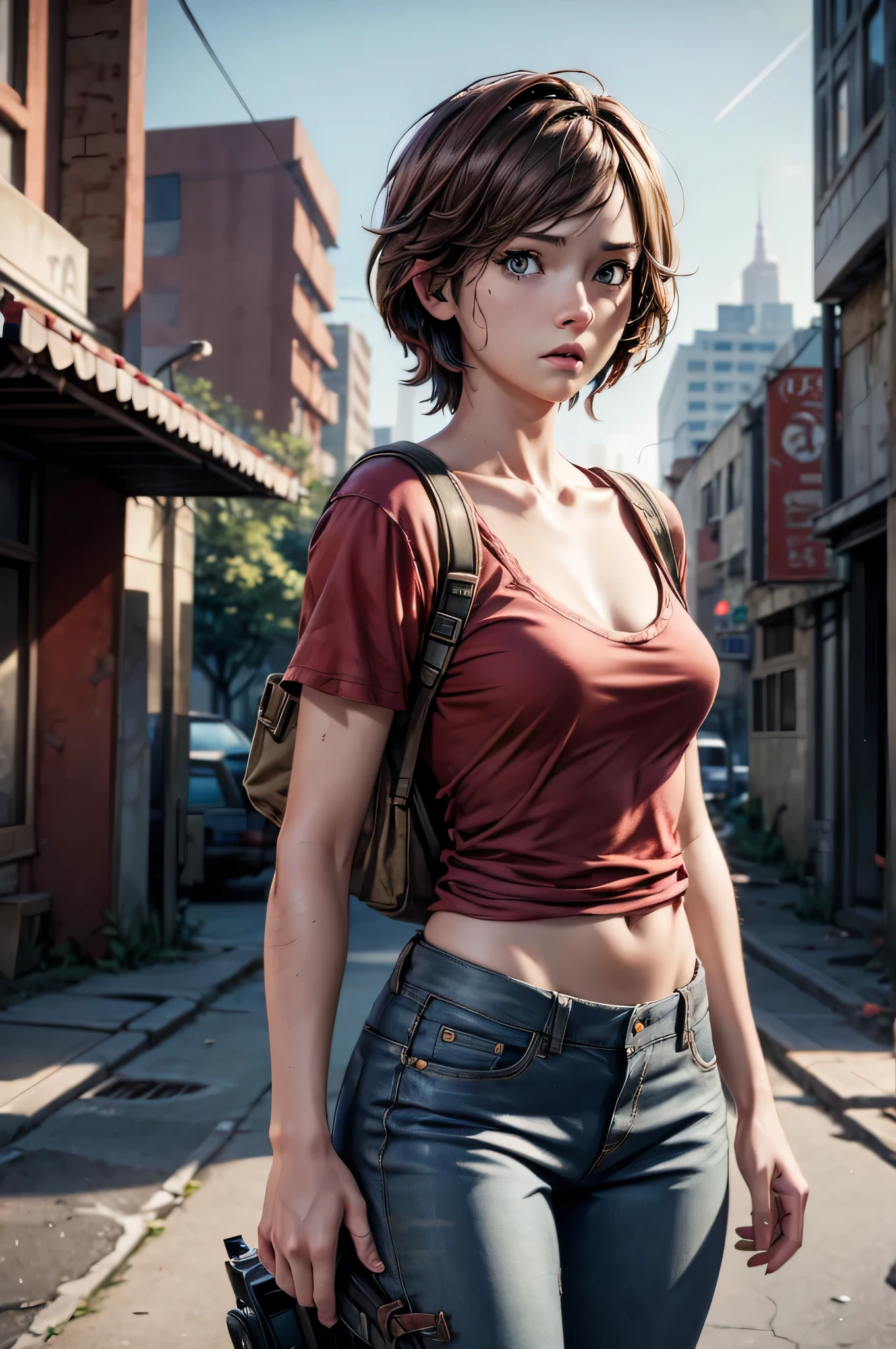 NSFW, Masterpiece, 1.4 Top Image 4K, Ellie The Last Of Us, Brown Hair, Red Shirt, Dark Blue Pants, Rendering In An Apocalyptic City, Showing Panties, Ultra Realistic, 4K Wallpaper, EnvyBetterHands LoCon.