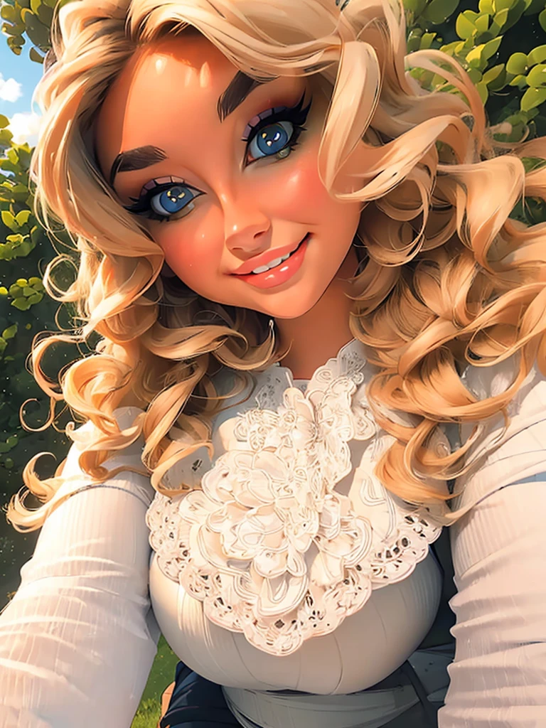 (masterpiece:1.2), (best quality:1.2), perfect eyes, perfect face, perfect lighting, 1girl, mature female in a field, medium blond hair, curly hair, detailed clothes, detailed outdoor background, makeup, eyeshadow, thick eyelashes, fantasy, looking at the viewer, spring 