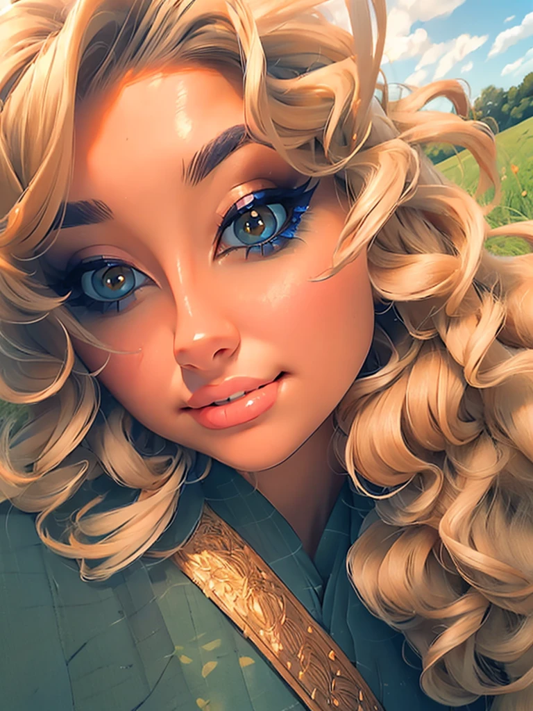 (masterpiece:1.2), (best quality:1.2), perfect eyes, perfect face, perfect lighting, 1girl, mature female in a field, medium blond hair, curly hair, detailed clothes, detailed outdoor background, makeup, eyeshadow, thick eyelashes, fantasy, looking at the viewer, spring 