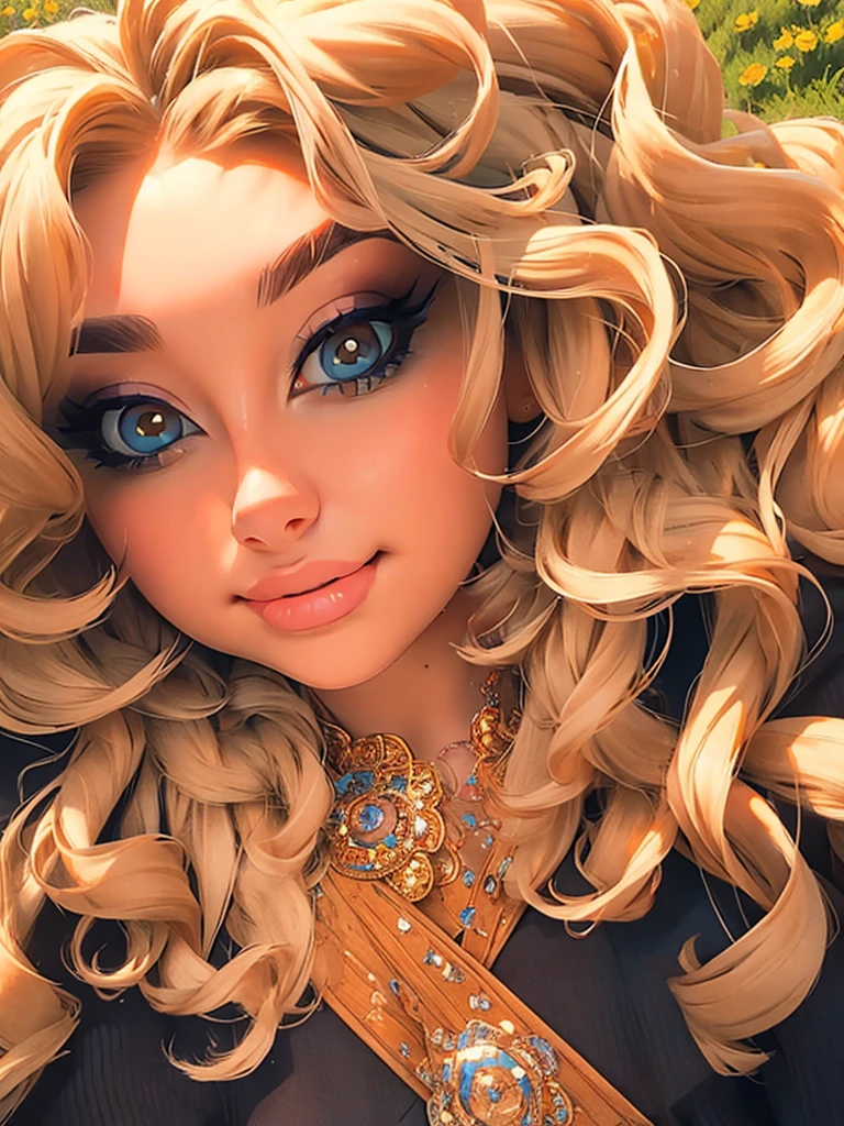 (masterpiece:1.2), (best quality:1.2), perfect eyes, perfect face, perfect lighting, 1girl, mature female in a field, medium blond hair, curly hair, detailed clothes, detailed outdoor background, makeup, eyeshadow, thick eyelashes, fantasy, looking at the viewer, spring