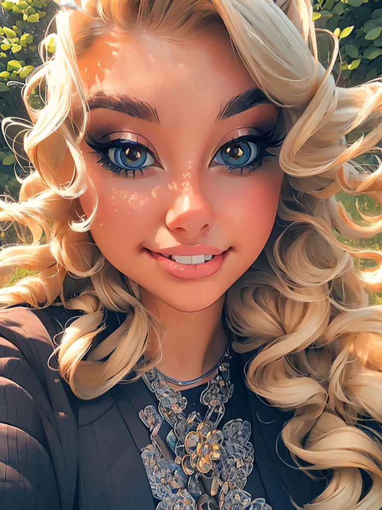 (masterpiece:1.2), (best quality:1.2), perfect eyes, perfect face, perfect lighting, 1girl, mature female in a field, medium blond hair, curly hair, detailed clothes, detailed outdoor background, makeup, eyeshadow, thick eyelashes, fantasy, looking at the viewer, spring