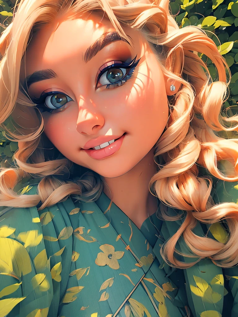 (masterpiece:1.2), (best quality:1.2), perfect eyes, perfect face, perfect lighting, 1girl, mature female in a field, medium blond hair, curly hair, detailed clothes, detailed outdoor background, makeup, eyeshadow, thick eyelashes, fantasy, looking at the viewer, spring