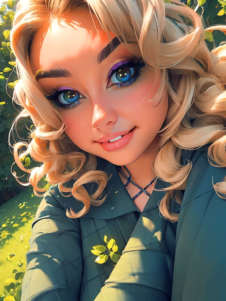 (masterpiece:1.2), (best quality:1.2), perfect eyes, perfect face, perfect lighting, 1girl, mature female in a field, medium blond hair, curly hair, detailed clothes, detailed outdoor background, makeup, eyeshadow, thick eyelashes, fantasy, looking at the viewer, spring 