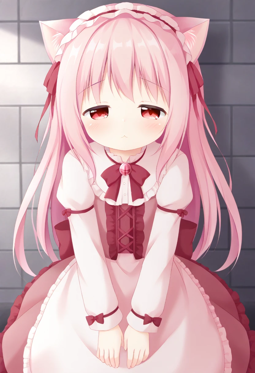 Cat ear、Pink Hair、Lolita pink、Red eyes、Half-closed eyes