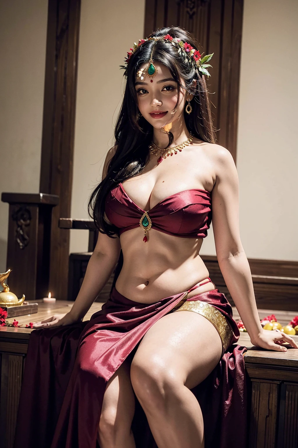full body image of a beautiful slightly chubby woman covered up in a red saree with greenish skin, with the crescent moon on her forehead. She has long hair, a smiling expression and intoxicated eyes, and wears a garland of kadamba flowers and various ornaments. She perspires a little around the face, which renders her even more beautiful. Below her navel are three horizontal folds of skin and a thin vertical line of fine hair. Seated on an altar and flanked by two parrots, dressed like a goddess