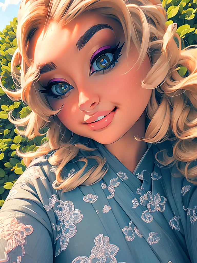 (masterpiece:1.2), (best quality:1.2), perfect eyes, perfect face, perfect lighting, 1girl, mature female in a field, medium blond hair, curly hair, detailed clothes, detailed outdoor background, makeup, eyeshadow, thick eyelashes, fantasy, looking at the viewer, spring 