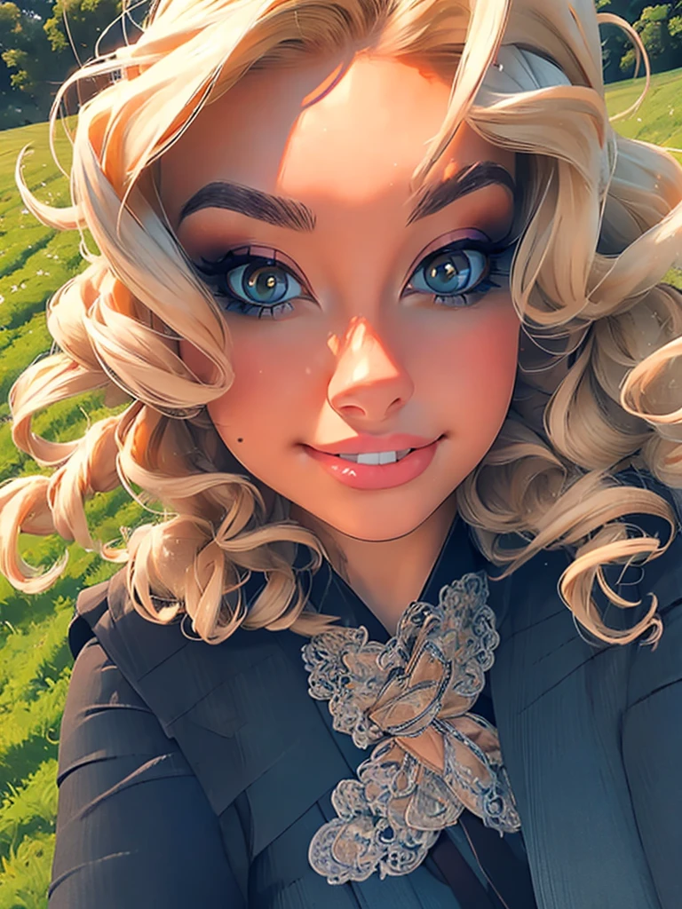 (masterpiece:1.2), (best quality:1.2), perfect eyes, perfect face, perfect lighting, 1girl, mature female in a field, medium blond hair, curly hair, detailed clothes, detailed outdoor background, makeup, eyeshadow, thick eyelashes, fantasy, looking at the viewer, spring 