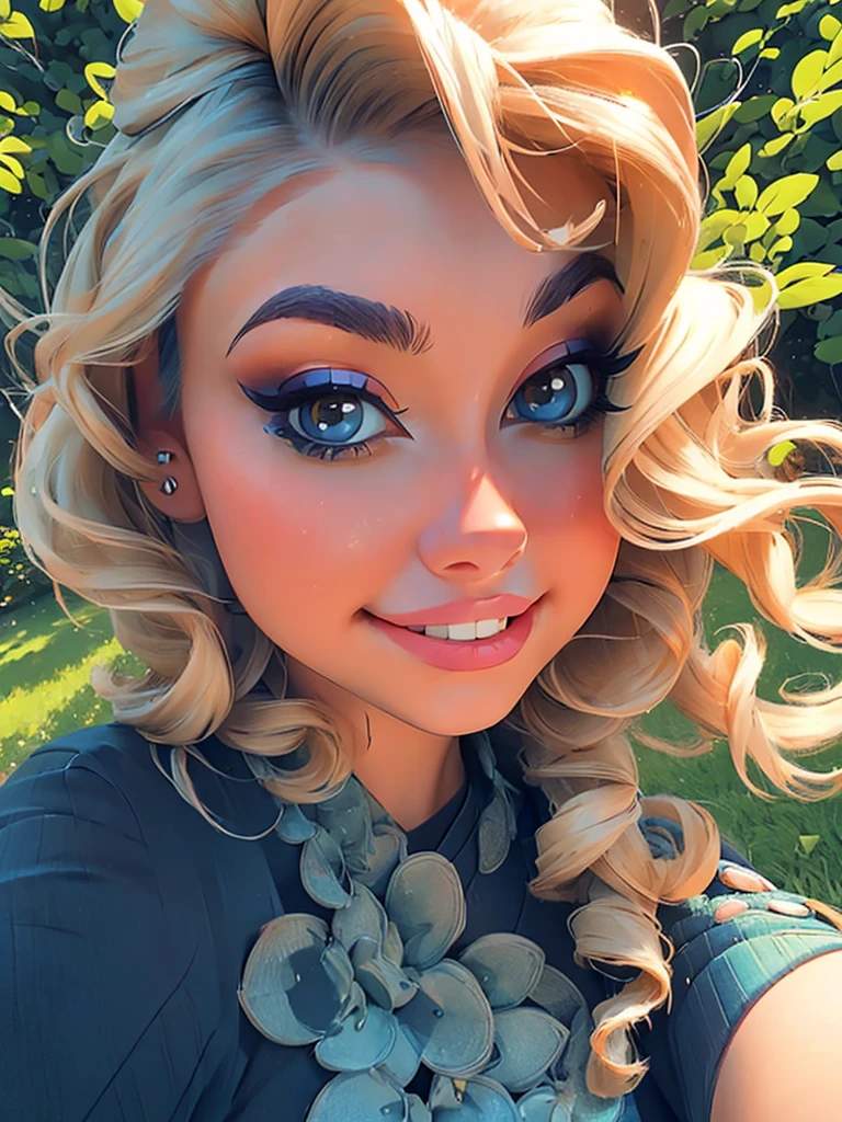 (masterpiece:1.2), (best quality:1.2), perfect eyes, perfect face, perfect lighting, 1girl, mature female in a field, medium blond hair, curly hair, detailed clothes, detailed outdoor background, makeup, eyeshadow, thick eyelashes, fantasy, looking at the viewer, spring