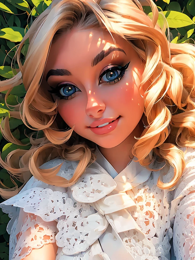 (masterpiece:1.2), (best quality:1.2), perfect eyes, perfect face, perfect lighting, 1girl, mature female in a field, medium blond hair, curly hair, detailed clothes, detailed outdoor background, makeup, eyeshadow, thick eyelashes, fantasy, looking at the viewer, spring