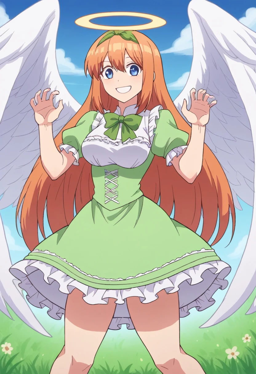 yotsuba nakano, bangs, short hair, blue eyes, hair between eyes, hair ribbon, hairband, orange hair, (green ribbon:1.5), ,Orange and white dress, Victoria Gothic Lolita Fashion, Lolita Style, , rococo dress, lolita fashion, one-piece,dress,petticoat,dynamic pose, angel wings, frills, tighthighs,halo, blue sky, grassy terrance,smile