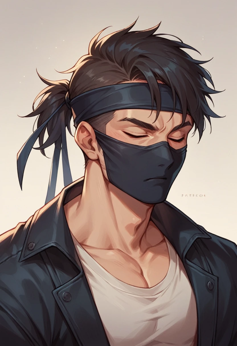 A man holding a unconscious y female use a ninja clothes and mask closed eyes