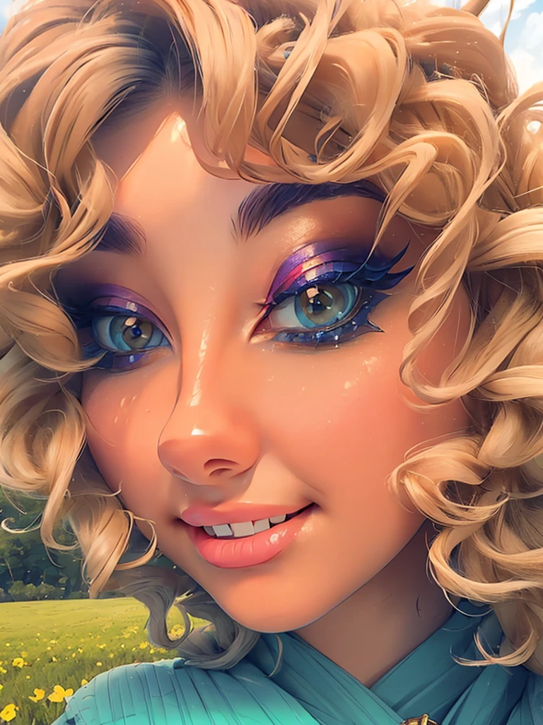 (masterpiece:1.2), (best quality:1.2), perfect eyes, perfect face, perfect lighting, 1girl, mature female in a field, medium blond hair, curly hair, detailed clothes, detailed outdoor background, makeup, eyeshadow, thick eyelashes, fantasy, looking at the viewer, spring 