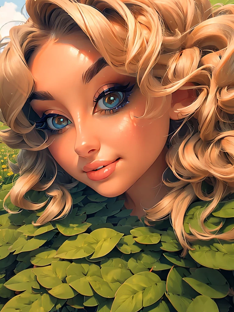 (masterpiece:1.2), (best quality:1.2), perfect eyes, perfect face, perfect lighting, 1girl, mature female in a field, medium blond hair, curly hair, detailed clothes, detailed outdoor background, makeup, eyeshadow, thick eyelashes, fantasy, looking at the viewer, spring 