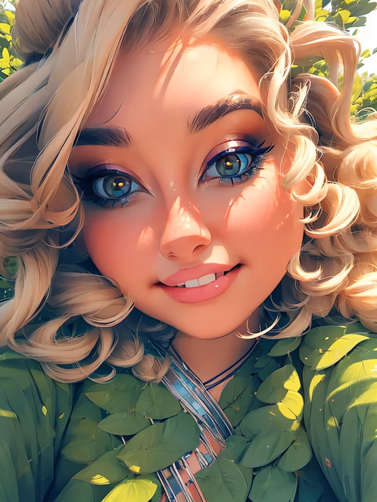 (masterpiece:1.2), (best quality:1.2), perfect eyes, perfect face, perfect lighting, 1girl, mature female in a field, medium blond hair, curly hair, detailed clothes, detailed outdoor background, makeup, eyeshadow, thick eyelashes, fantasy, looking at the viewer, spring
