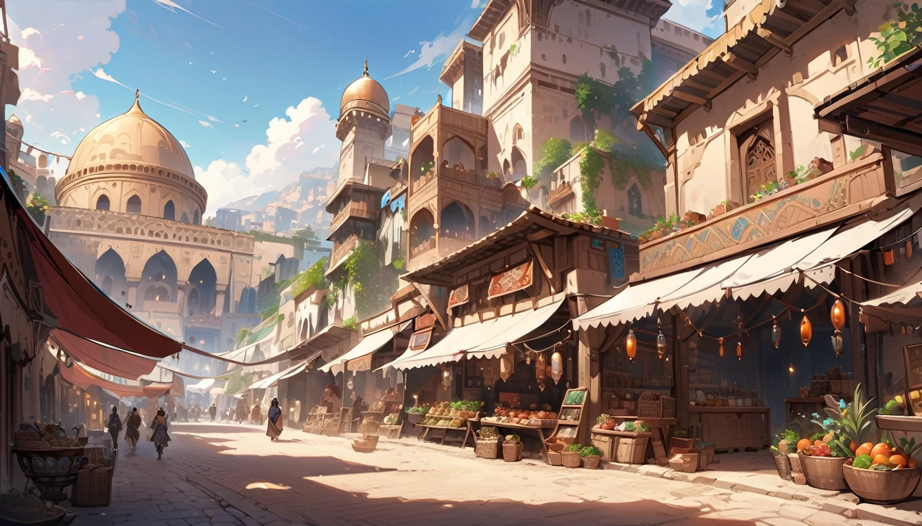 Highest quality,masterpiece,Arabian style town,landscape,There are no humans,Fantasy,Charming streetscape,Concept Art,Fantasy,market,high resolution,4K