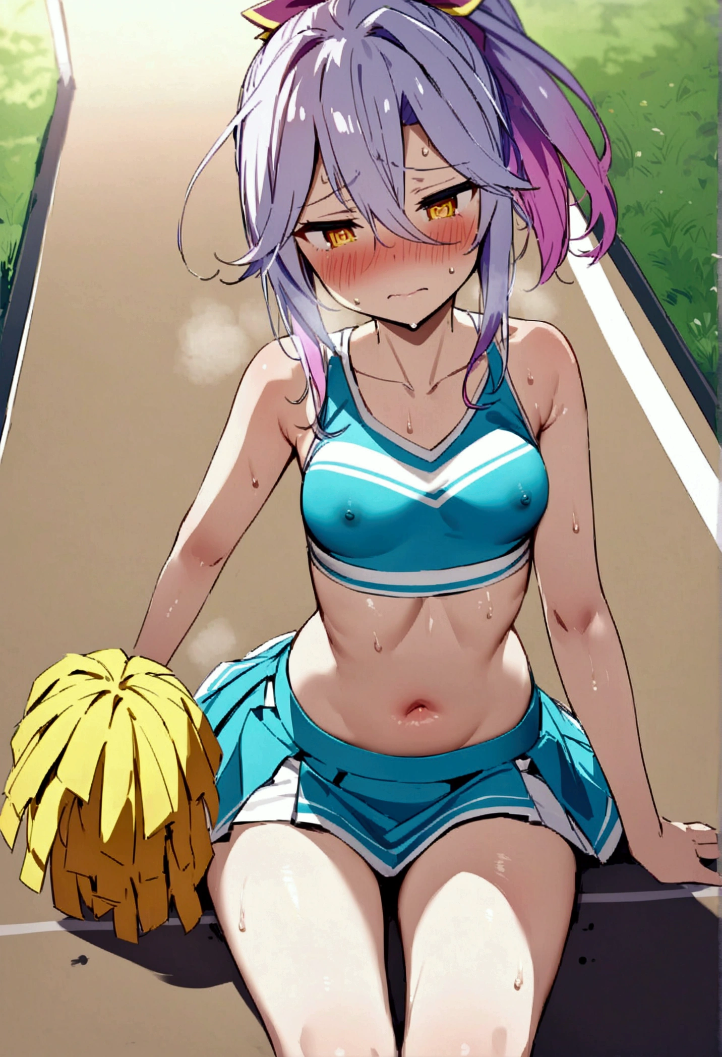 NSFW,masterpiece,Highest quality,High resolution,Very detailed,white\(no game No life\),Small breasts,ponytail,(Cheerleader),Tank top,Crop top,mini skirt,School,Ground,Tired face,blush,Sweat