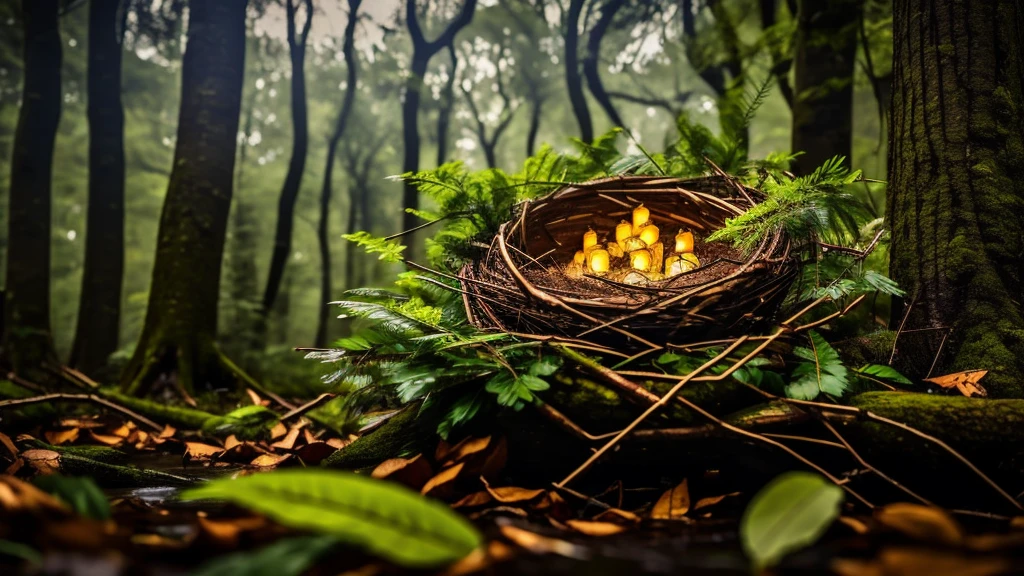 Create a close-up image of a forest during a heavy storm, with numerous branches and leaves swirling in the air. In the center of the image, also in close-up, depict a nest with a mother bird calmly sitting over her chicks, embodying a sense of peace and tranquility amidst the chaos. The scene should illustrate the concept of "Peace in the Midst of Chaos."