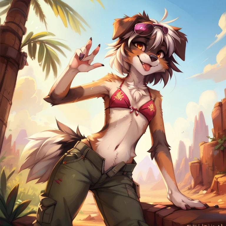 by kenket, by Zackary911, by hyattlen, by teranen, by fumiko, by Pixelsketcher, by Bayard Wu, by Einshelm, by Kilinah, by Hioshiru, by fluff-kevlar, by Dimwitdog, Furry, Anthro, solo, ((australian shepard)), ((female)), (slender), ((young)), ((fluffy tail)), grey fur, floppy ears, ears down, short white hair, small breasts, short tail, bikini, tongue, ((wink)), embroidery, crotch zipper, unzipped, chest fluff, erotic, desert, dirty, sweaty, sunglasses on head, ribs, smug, erotic pose, dynamic pose, hippy
