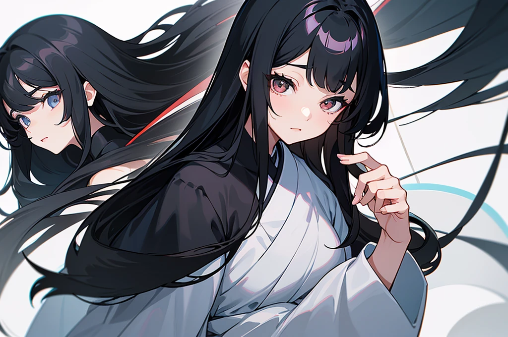 Illustration of a close up of a woman with long black hair and a black shirt, beautiful south korean woman, beautiful young korean woman, gorgeous young korean woman, black hime cut hair, female actress from korea, shoulder-length black hair, black wavy hair with bangs, sui ishida with black hair, shoulder length black hair, she has black hair with bangs, korean woman