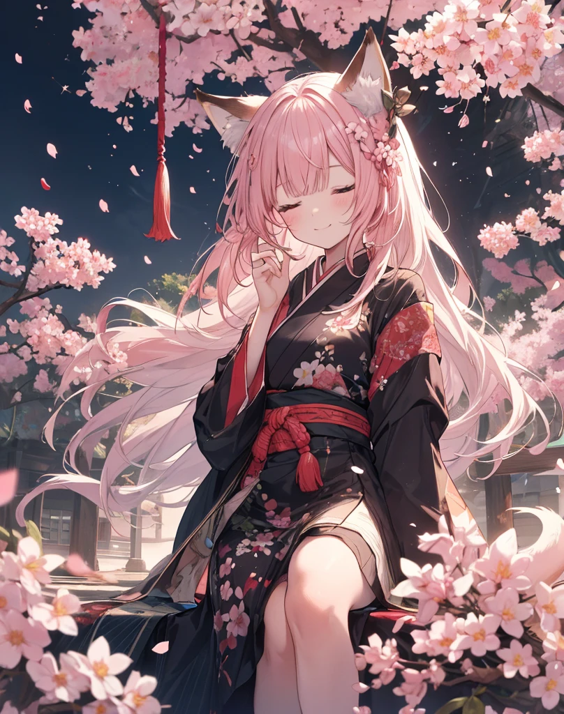 Entire figure, full-figure, scenery artistic art.Sitted under a pink flower tree, she has fallen asleep against the tree.closed eyes.
BREAK
(White dirt road, Oriental elements),(Nature Illustration Spring:1.3,paper art:1.3, Quilted Paper Art:1.2),( Reasonable design, Clear lines, High Sharpness,Best Quality, Very detailed, masutepiece, Movie Light Effects, 4K )(Cherry leaves、Cherry blossoms in spring:1.0)、Many cherry blossoms flutter、the wind、Background with、Spring-like、Girl Facing Left、Pink blossom petals、A large number of cherry petals、very light pink hair、long. (Small Neko ears); (Fox tail). She Is smiling .