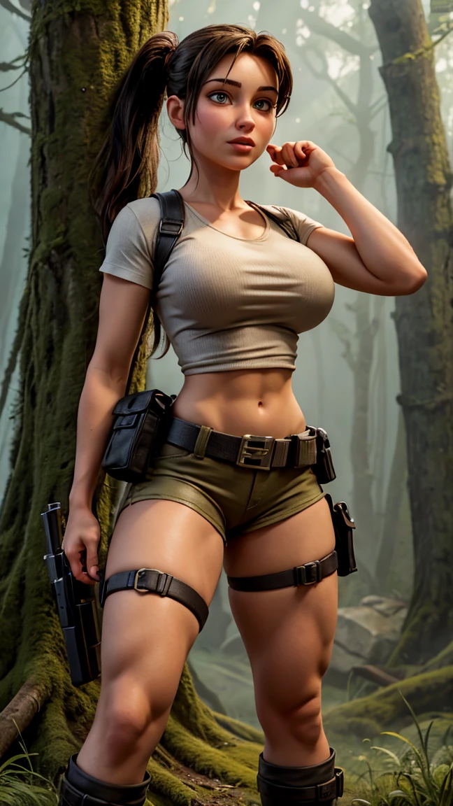 8k, ultra HD, super details, high qualiy, high resolution. lara Croft looks beautiful in full body photo, her body is sculptural. Her black hair is tied in a ponytail, a perfect match for her full lips., your shining eyes hypnotize everyone. She's wearing a white T-shirt, adjusted to the body, which allows freedom of movement, shortinho cor khaki, with side pockets that are practical for storing items, black combat boots, robust and suitable for difficult terrain, a utility belt, often adorned with climbing equipment and archeology tools, Lara is also often seen with a pair of pistols in holsters on her waist., reflecting his fearless character and combat skills. She is very sexy, drawing attention to her big breasts and thick legs. She is in a dark forest in the fog