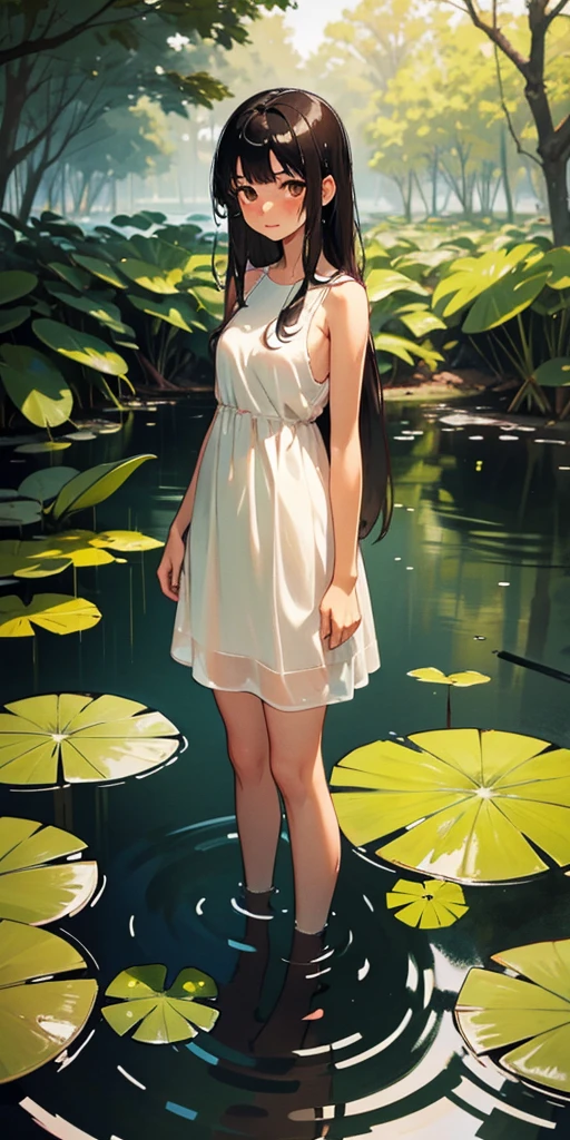 1girl, solo, long hair, outdoors, looking at viewer, water, wet, black hair, partially submerged, tree, sunlight, blush, brown eyes, sleeveless, wet clothes, day, white dress, bare shoulders, closed mouth, nature, dress, wet hair, lily pad, leaves, standing