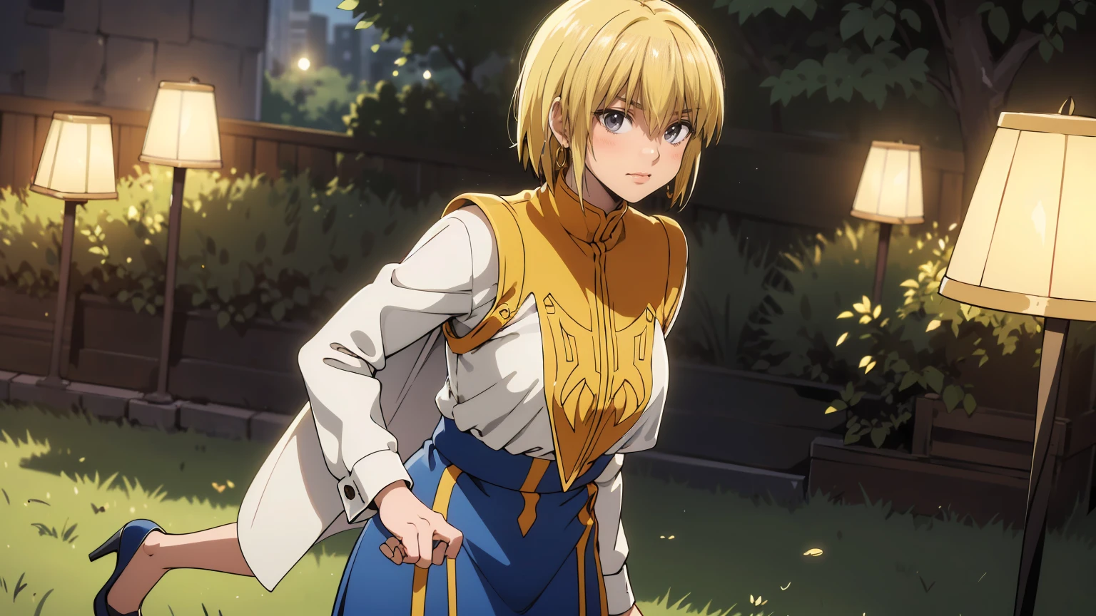 (Highest quality,4k, High resolution, masterpiece:1.2), Soft and delicate illumination, concept:beautiful woman portrait, Super detailed, (genuine, photogenuineistic:1.37), illumination:cinematic light, Bright colors and mesmerizing effects, gentle shine, Lens flare, Overall atmosphere at the scene, Subject information:alone, (((young woman))), (small face), (high detail skin:1.2), long eyelashes,1 girl, alone, compensate, perfect breasts, ,earrings glossy lips ,looking at the viewer, blush, nature, wood, garden, gentle smile, Kurapika,1girl, scarlet eyes, blonde hair, bob hair, huge breasts, (big ass:1.1), earrings glossy lips, chains, 5 rings on left hand, ((blue tabard)), ((gold trim)), black high heels, pumps, white shirt, long sleeves, white pants, blue costume, long blue skirt, standing, full body
