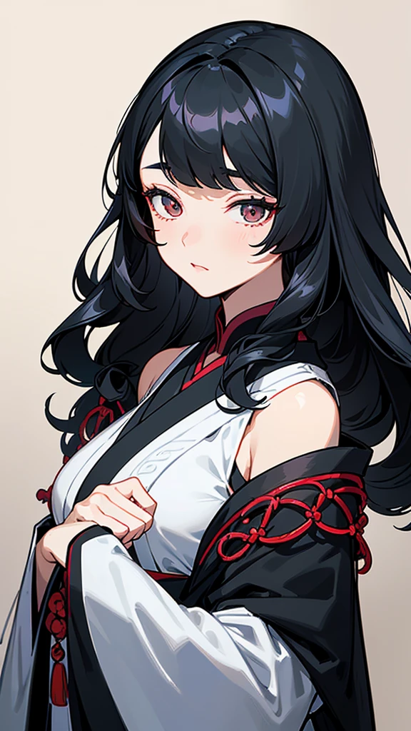 Illustration of a close up of a woman with long black hair and a black shirt, beautiful south korean woman, beautiful young korean woman, gorgeous young korean woman, black hime cut hair, female actress from korea, shoulder-length black hair, black wavy hair with bangs, sui ishida with black hair, shoulder length black hair, she has black hair with bangs, korean woman