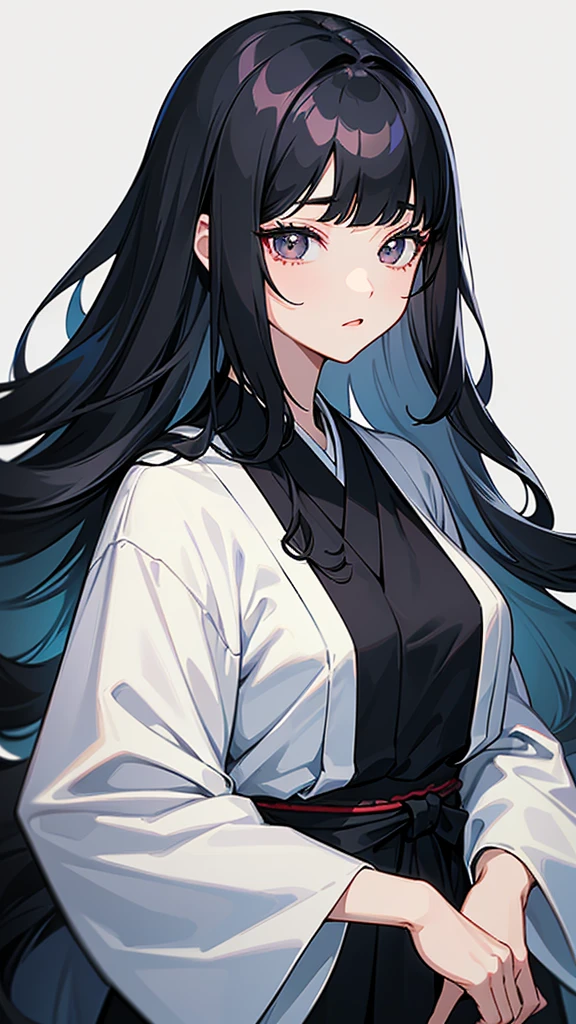 Illustration of a close up of a woman with long black hair and a black shirt, beautiful south korean woman, beautiful young korean woman, gorgeous young korean woman, black hime cut hair, female actress from korea, shoulder-length black hair, black wavy hair with bangs, sui ishida with black hair, shoulder length black hair, she has black hair with bangs, korean woman