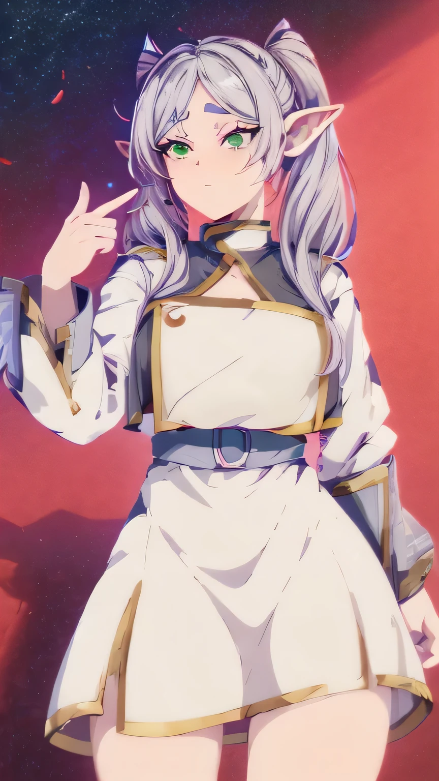 An elf girl,Twin Tails with Gray Hair、White and black robes and skirts、Brown boots,greeneyes,parted bangs,thick eyebrows,comely Finger,comely character design, offcial art,papel de parede CG Unity 8k altamente detalhado, Perfect Lighting,colorfully, Ablaze_front_Face_Lighting,first Ablaze, (tabletop:1.0),(better_quality:1.0), 超Uma high resolution,4K,ultra details, Foot, 8k, nffsw, high resolution, Lens flare, (comely_Face:1.5),(narrow_waist), high resolution,tabletop,better quality, Holding a magic wand in hand、medieval cityscape