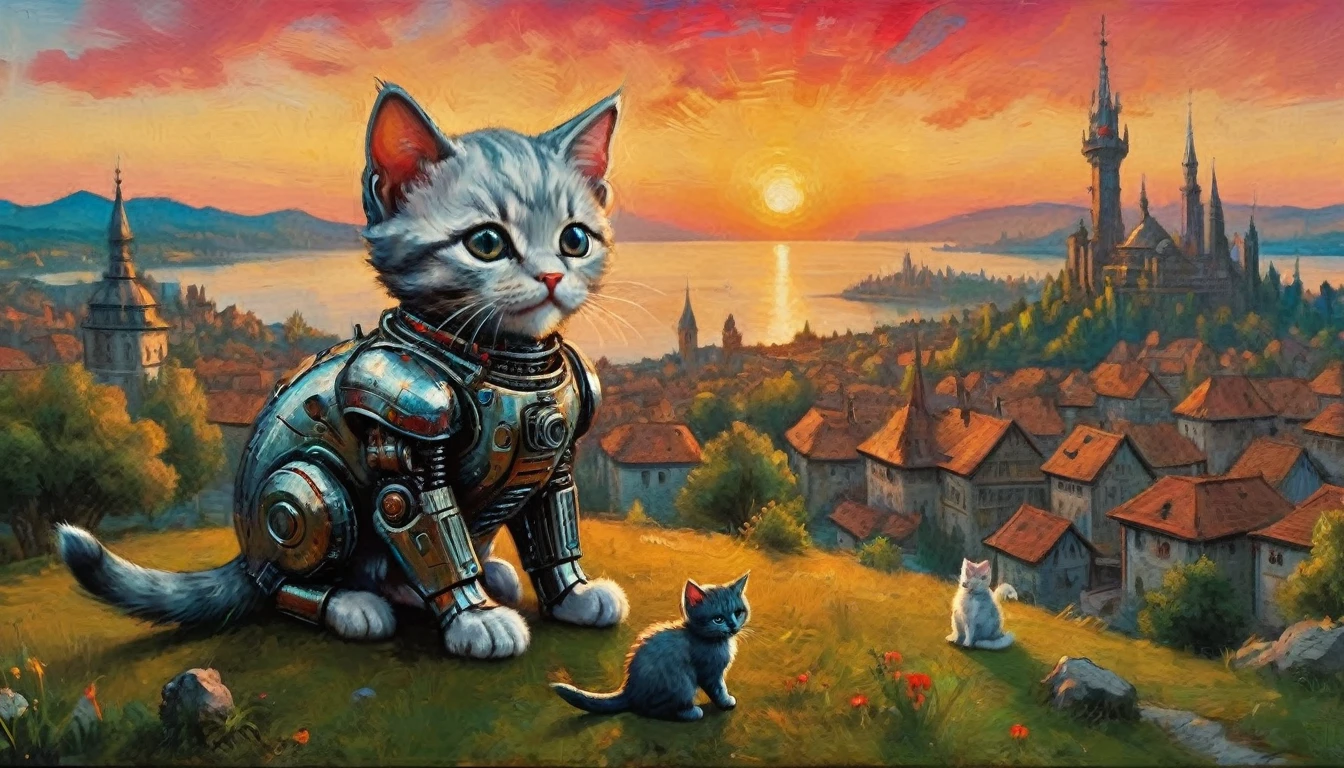 ((top air view)) A cute kitten made of metal, robot, cyberpunk crimson sunset, created ((in the style of Albrecht Altdorfer)), Renaissance, pin-dot art,((oil painting knife)), rainessanse older gradient, Complex details, intricate, aesthetics, ((best quality, Masterpiece)),
((Highest detail), Octane rendering, 8K