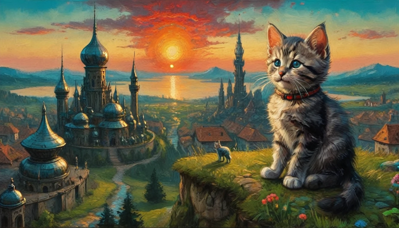 ((top air view)) A cute kitten made of metal, robot, cyberpunk  crimson sunset, created ((in the style of Albrecht Altdorfer)), Renaissance, pin-dot art,((oil painting knife)), rainessanse older gradient, Complex details, intricate, aesthetics, ((best quality, Masterpiece)),
((Highest detail), Octane rendering, 8K  