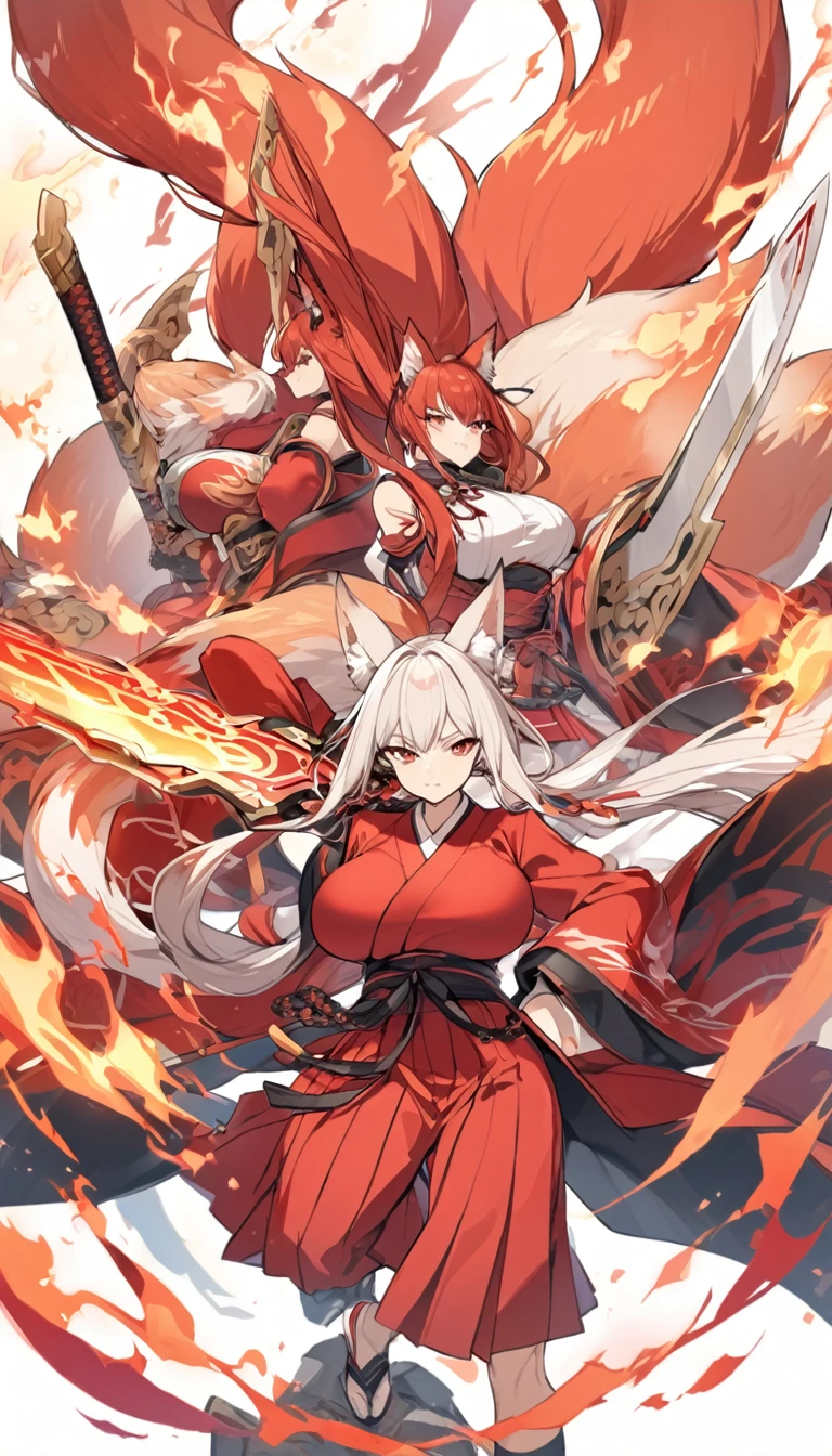 Long red ponytail Red fox ears and nine fox tails Very large bust Hakama with a red jacket Sword Flames Older sister 